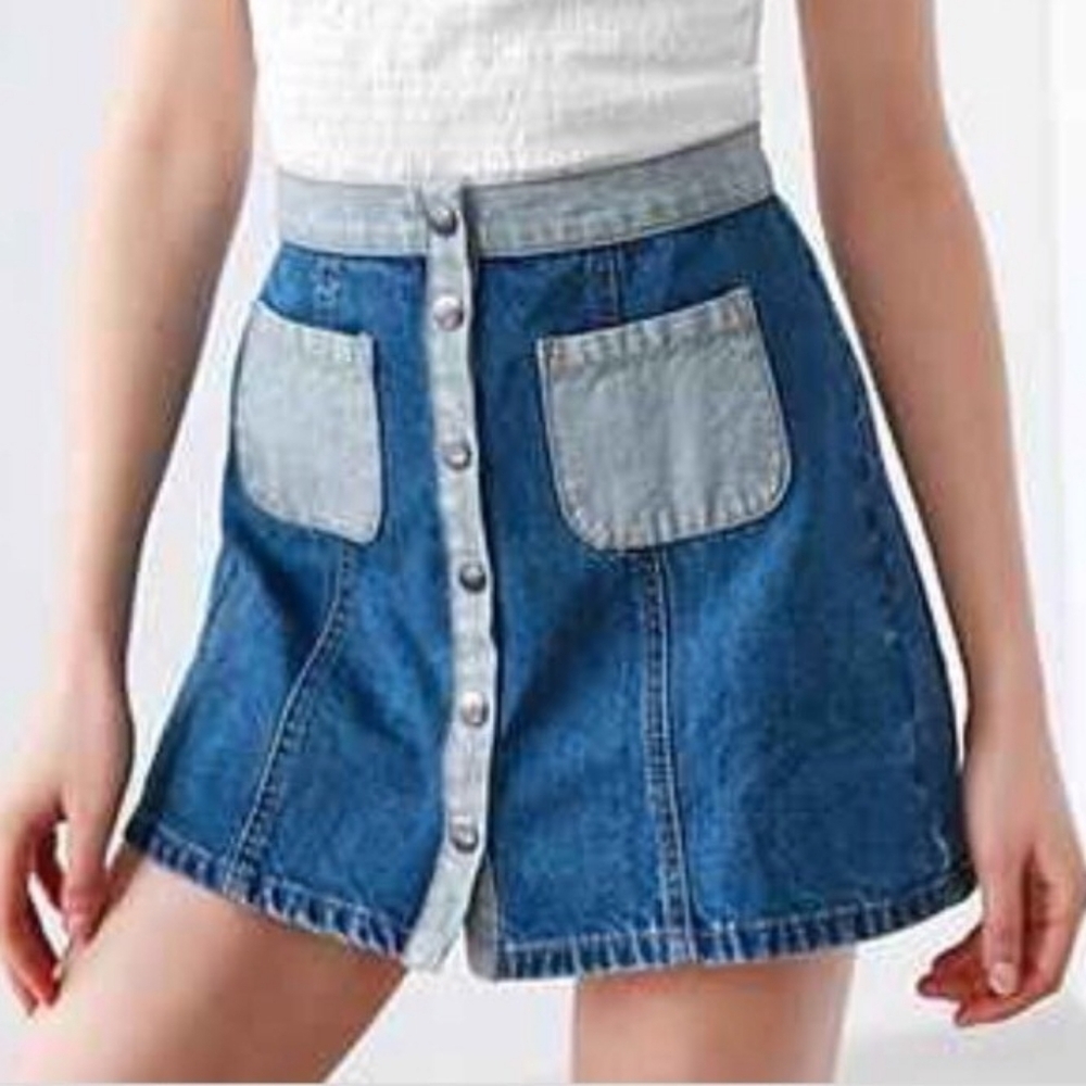 BDG Urban Outfitters Colorblock Snap Front Denim Mini Skirt High Rise Size 10